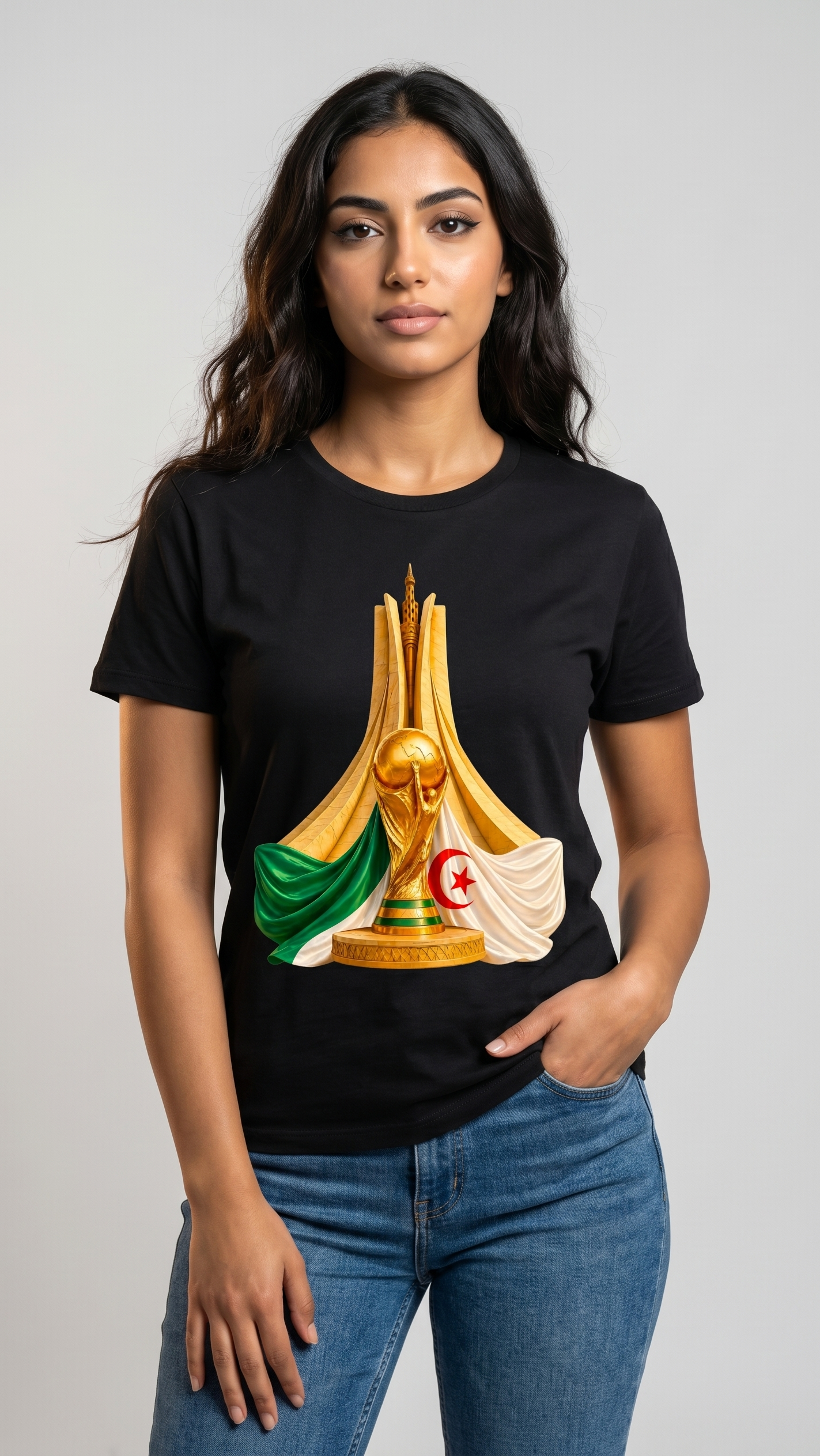 Person wearing a black t-shirt with a design on a plain background