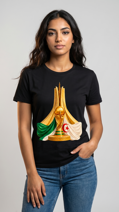 Person wearing a black t-shirt with a design on a plain background