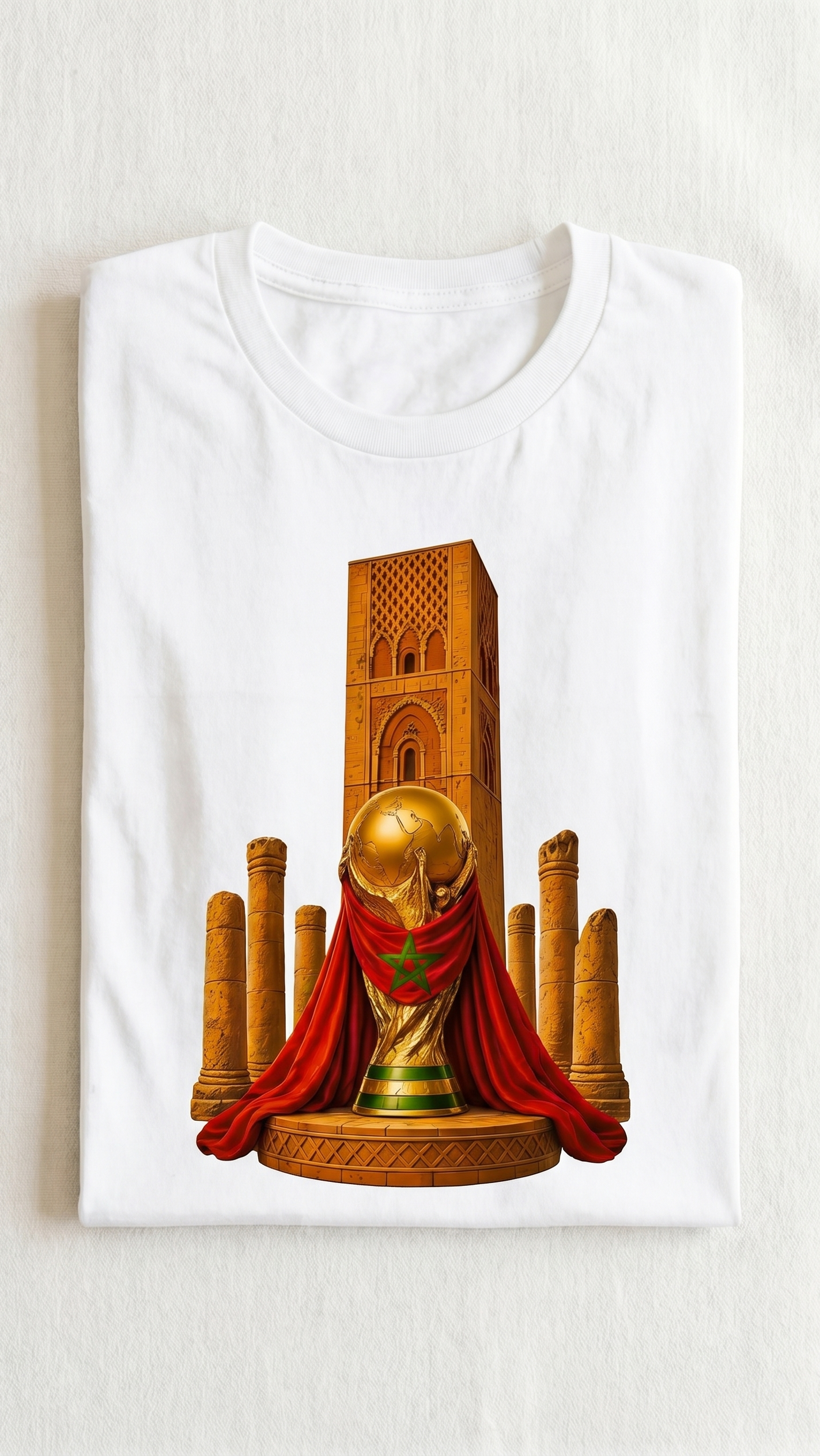 White t-shirt with a graphic design of a tower and red fabric on a white background
